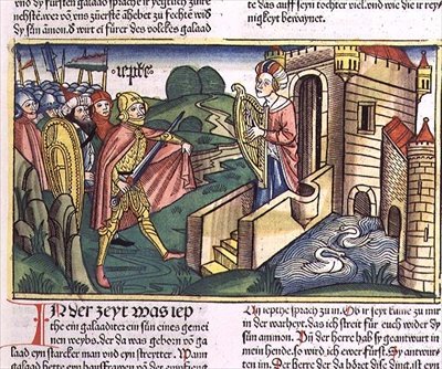 Juízes 11 29-40 A filha de Jefté saúda seu pai, da "Bíblia de Nurembergue (Biblia Sacra Germanaica)" (xilogravura colorida) de German School