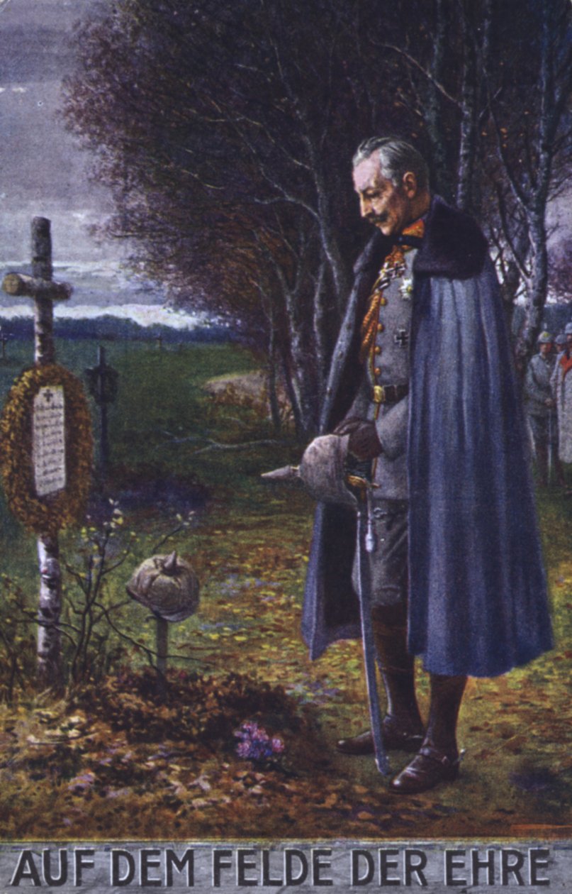 O Kaiser Wilhelm II apresenta os seus respeitos na campa de um soldado alemão (litografia a cores) de German School
