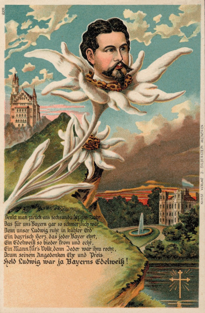 O rei Ludwig II da Baviera representado como uma edelvaisa (cromolitografia) de German School