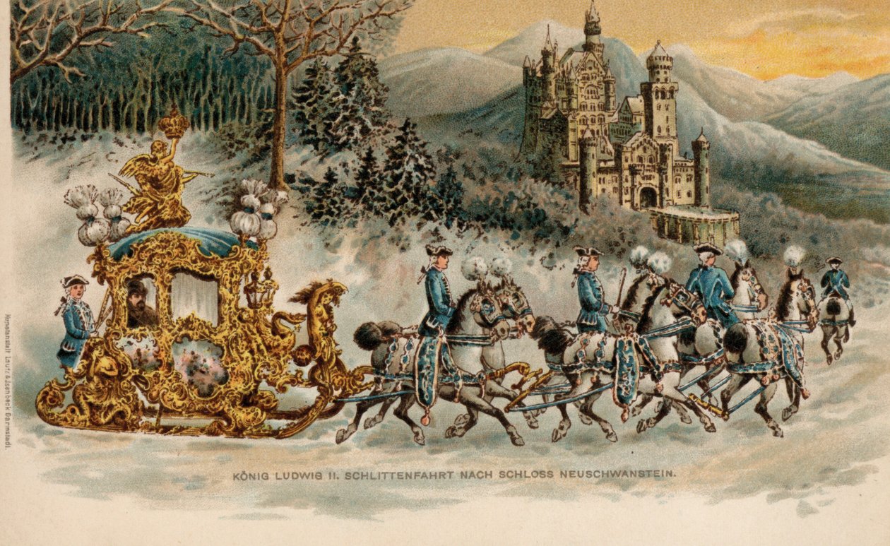 O Rei Ludwig II da Baviera a viajar para o Castelo de Neuschwanstein num trenó dourado (cromolitografia) de German School