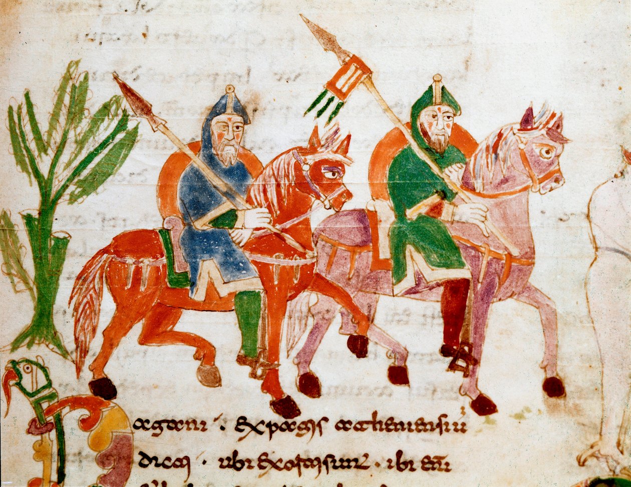 Cavaleiros com cavalos Miniatura do manuscrito "De Universo" ou "De rerum naturis" (Da Natureza das Coisas) de Rabanus Maurus Magnentius (ou Raban Maur ou Rabano Mauro, ca. 780-856). Século IX. Arquivo da Abadia de Monte Cassino (Monte Cassin) de German School