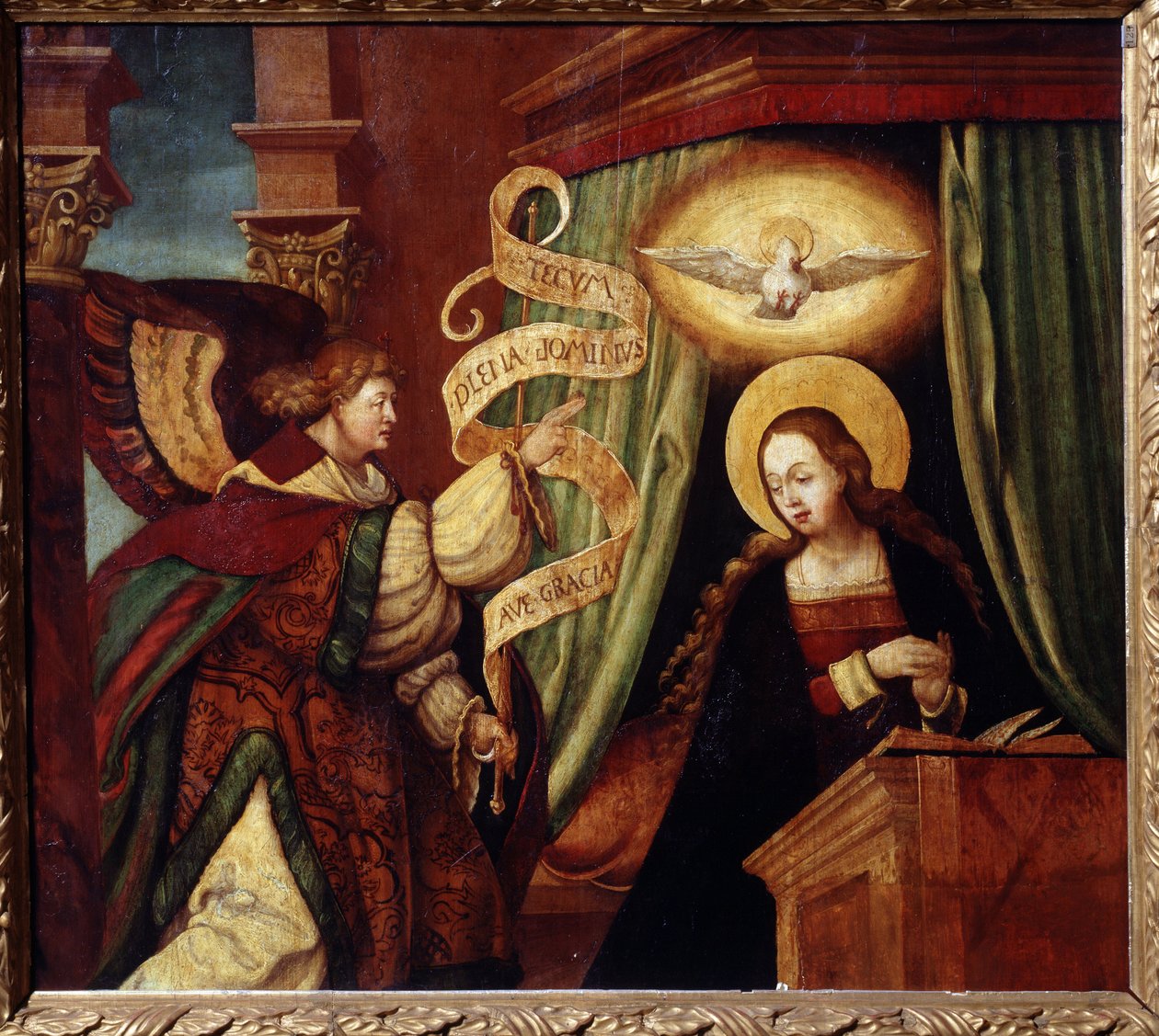 A Anunciação (The Annunciatioon). O arcanjo Gabriel traz uma mensagem em latim: "Ave gratia plena Dominus tecum" (Ave, o cheia de graça, o Senhor está convosco) (início da Ave Maria). Pintura por um mestre alemão (século XVI). Petróleo de German School
