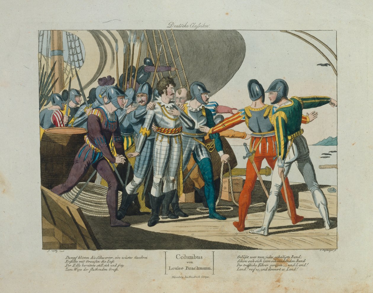 Terra, terra! A chegada de Cristóvão Colombo na América, publicada por Friedrich Campe, Nuremberg, c.1820 de German School