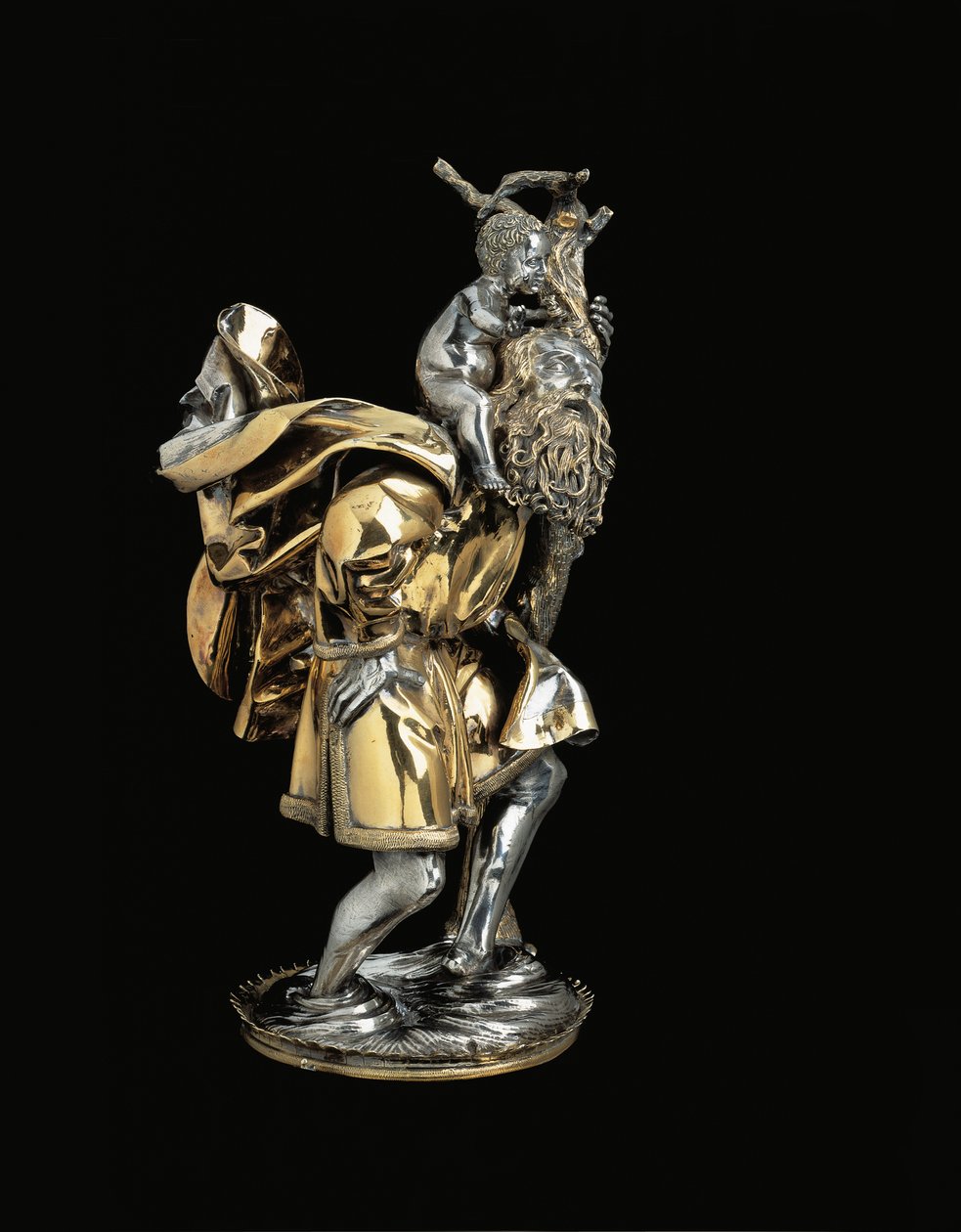 Estatueta gótica tardia de São Cristóvão, apoiando o menino Jesus em seu ombro direito, em uma base de relicário, provavelmente Augsburg de German School