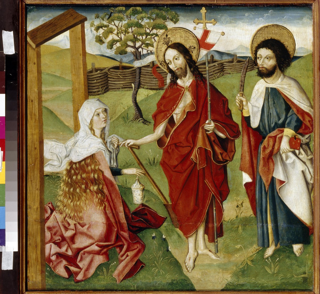 Cristo, Maria Madalena e São Bartolomeu. Talvez uma representação de "Noli me tangere": a visão do Cristo ressuscitado a Santa Maria Madalena. Jesus Cristo segurando um drapeado de German School