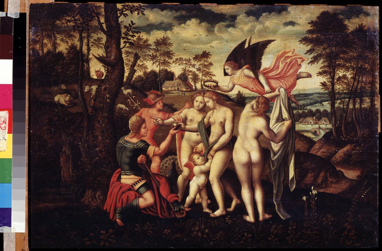 ""O julgamento de Páris"" O pastor Páris deve escolher a quem dará a maçã de ouro para designar a mais bela das três deusas, Atena, Afrodite ou Hera. Pintura da escola alemã do século XVI. Museu Pushkin Moscou de German School