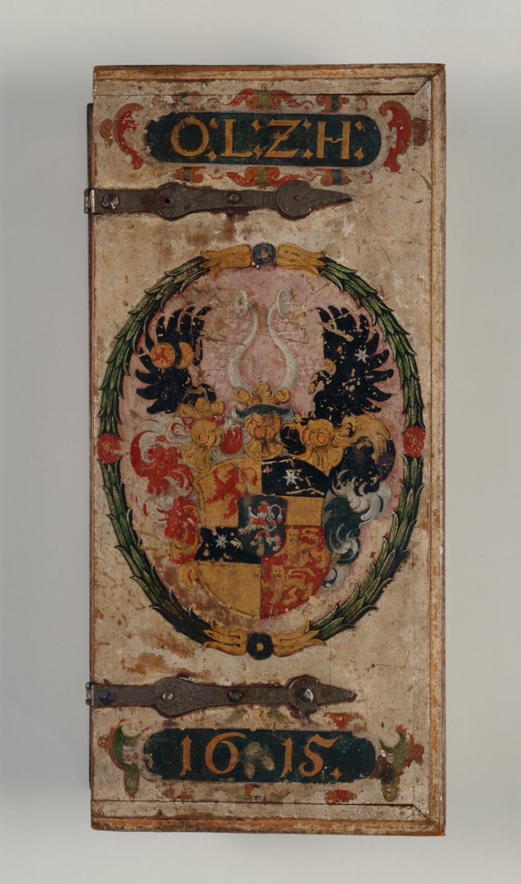 Tampa da caixa de parafusos de besta pertencente ao Príncipe Otto von Hesse, 1615 (madeira pintada) (ver também 312140-43) de German School