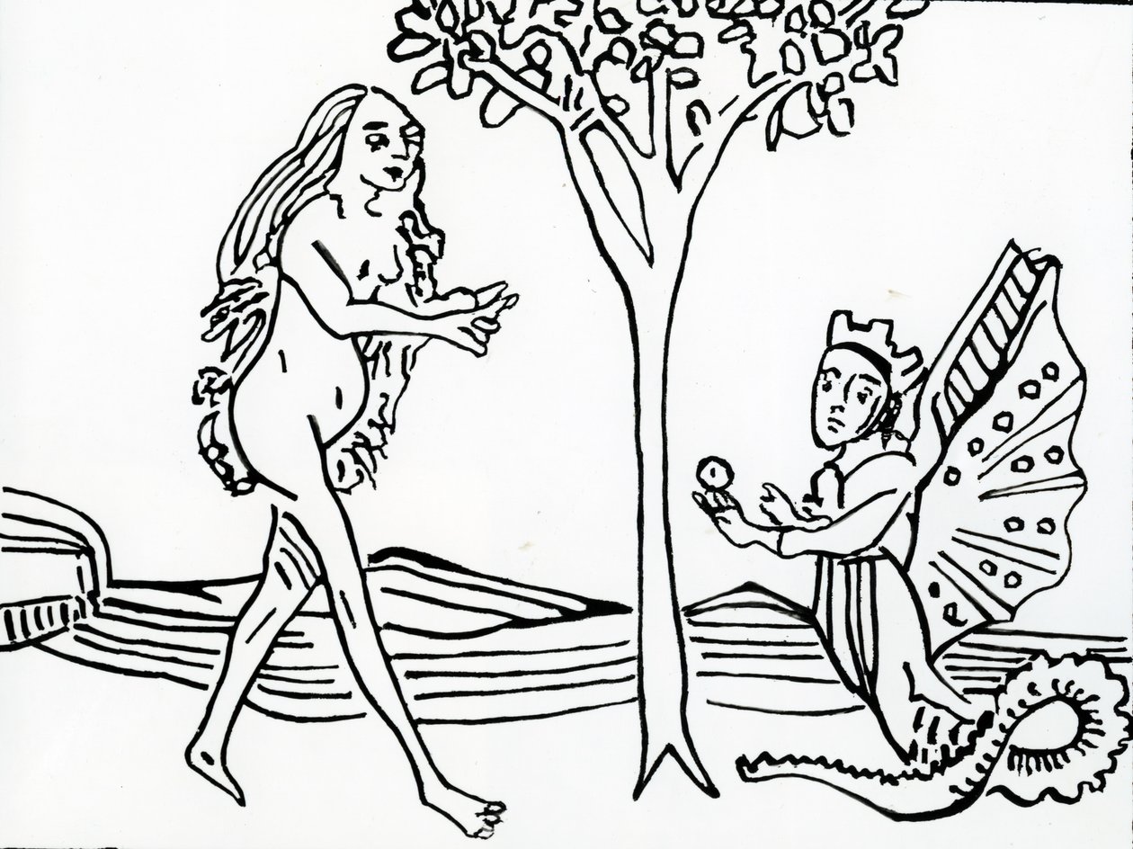 Lilith, alada e coroada, com cauda de serpente, oferece a maçã a Eva, de &39;Speculum Humanae Salvationis&39;, depois do original de 1470 de German School