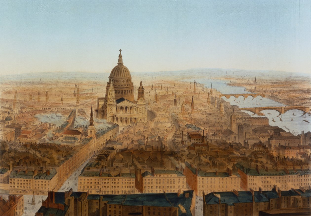 Londres: uma visão panorâmica de St. Pauls e do rio Tamisa, pub. de Carl Martin de German School