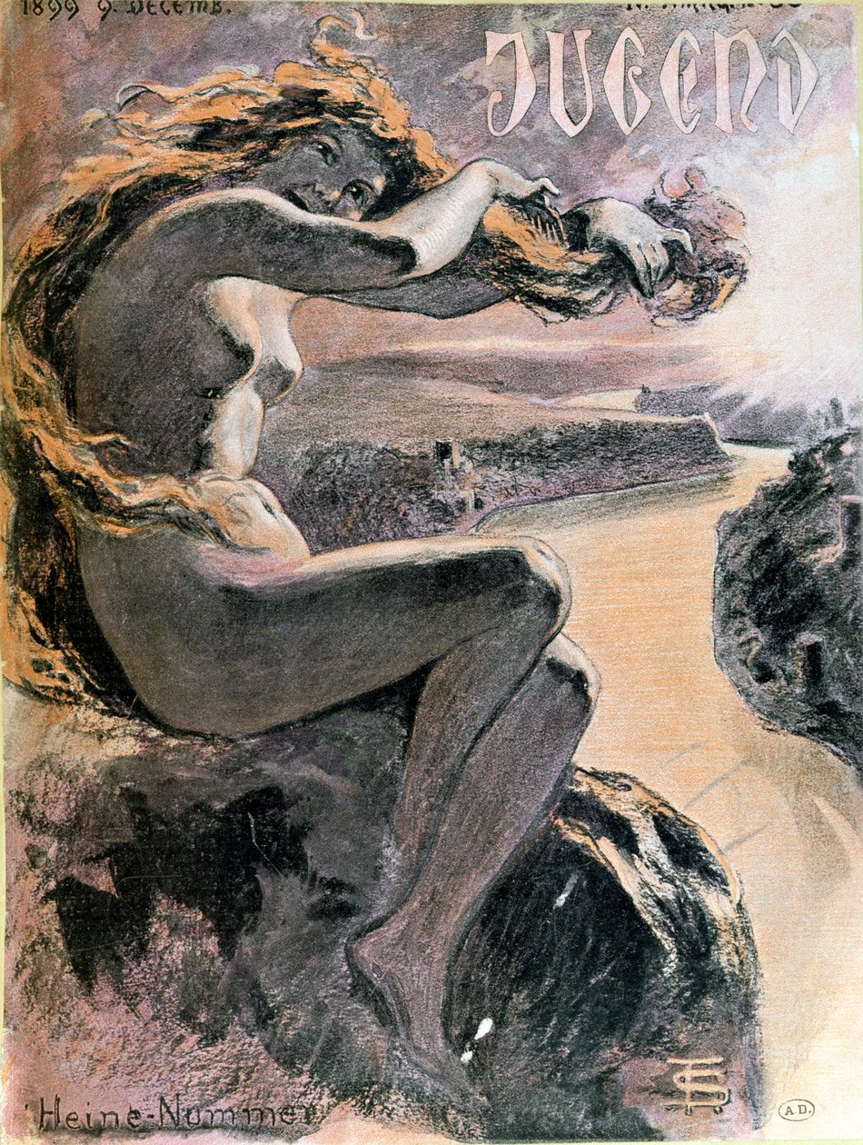 Lorelei e o Rio Reno, capa da edição especial da revista Jugend dedicada ao poeta Heinrich Heine (1797-1856), 9 de dezembro de 1899 de German School