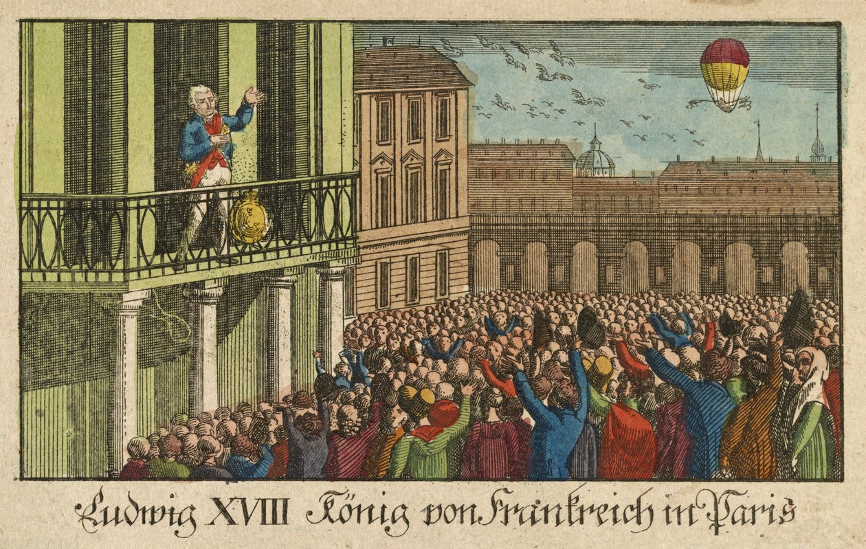 Luís XVIII Rei de França em Paris, pub. 1814 (gravura a cores) de German School