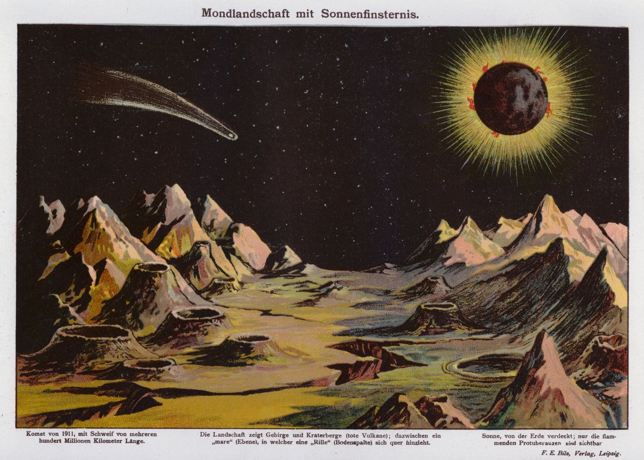 Paisagem lunar, eclipse solar e cometa de 1911 (litografia a cores) de German School