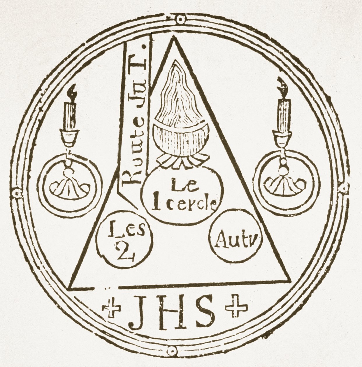 Magic Circle, cópia de uma ilustração de Dreyfacher Hollenzwang por Dr. Faustens, Passau 1407, Reproduzido em Das Kolster Vol V, por J Scheible, 1845, usado em uma História da Magia, publicado no final do século XIX de German School