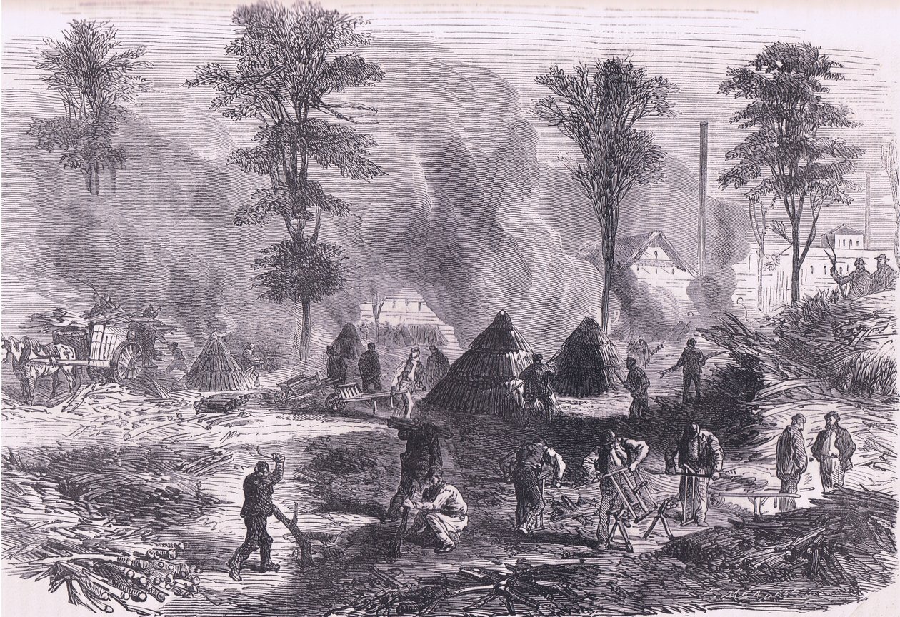 Making charcoal for gunpowder, Cassells History of the War between France and Germany publicado por Cassell and Company Limited, c.1890 (litho) de German School