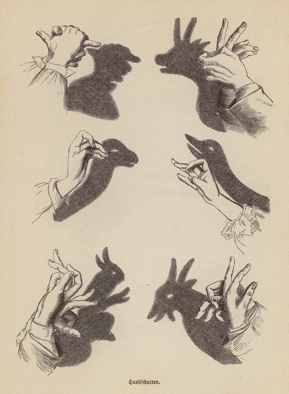 Fazer animais de sombra com as mãos (gravura) de German School