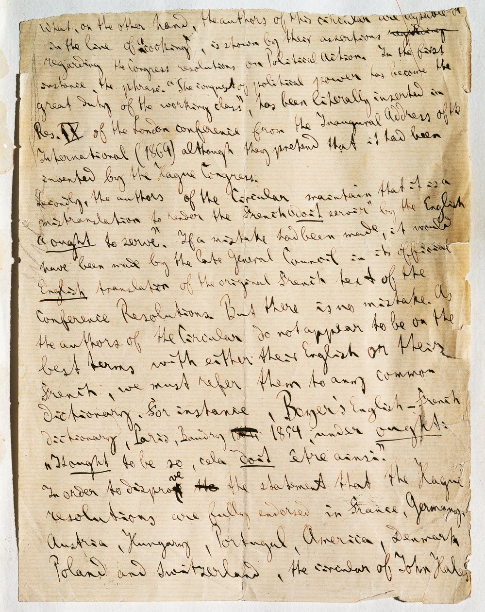 Página de manuscrito de artigo de Karl Marx, no jornal International Herald, publicado em 25 de janeiro de German School