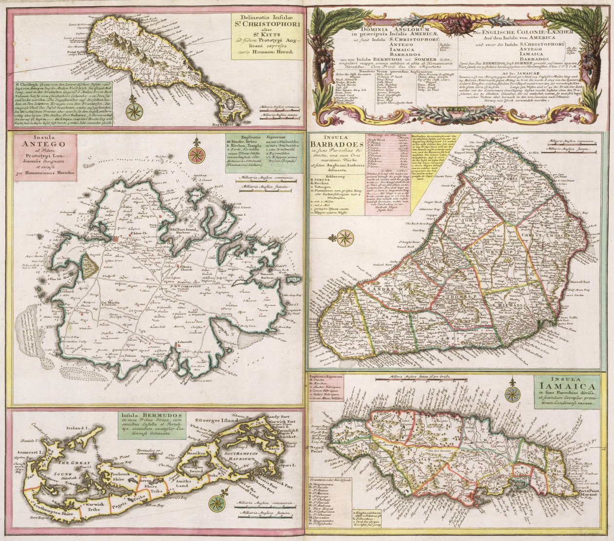 Mapa de colônias inglesas nas Caraíbas, bar. por Homanns Heirs, Nuremberg, c.1750 (ver 101837-38 para detalhes) de German School