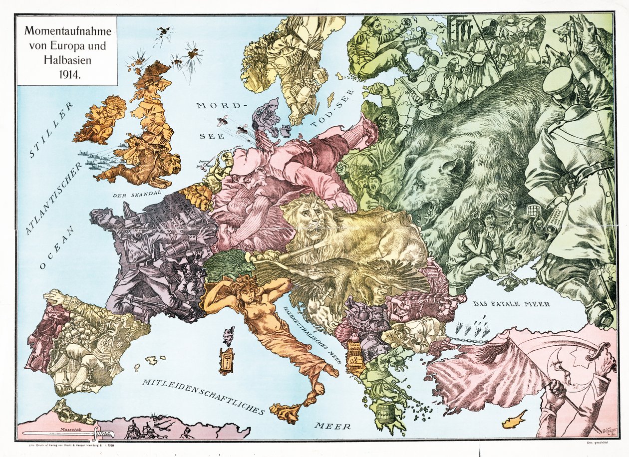 Mapa da Europa em 1914, pub.1915 (litografia a cores) de German School