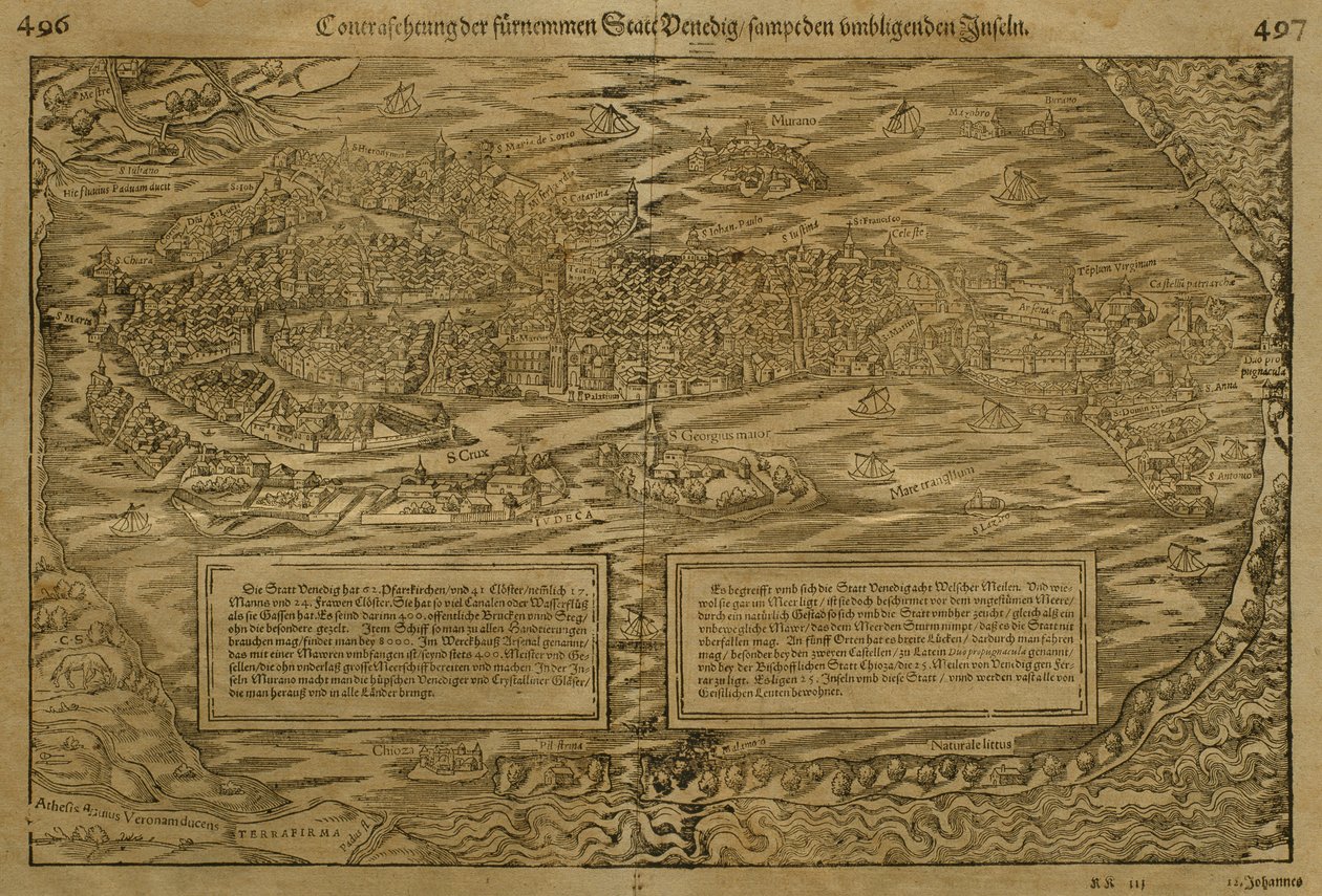 Mapa de Veneza, por Sebastian Munster (1488-1552) publicado em Basileia, c.1560 de German School