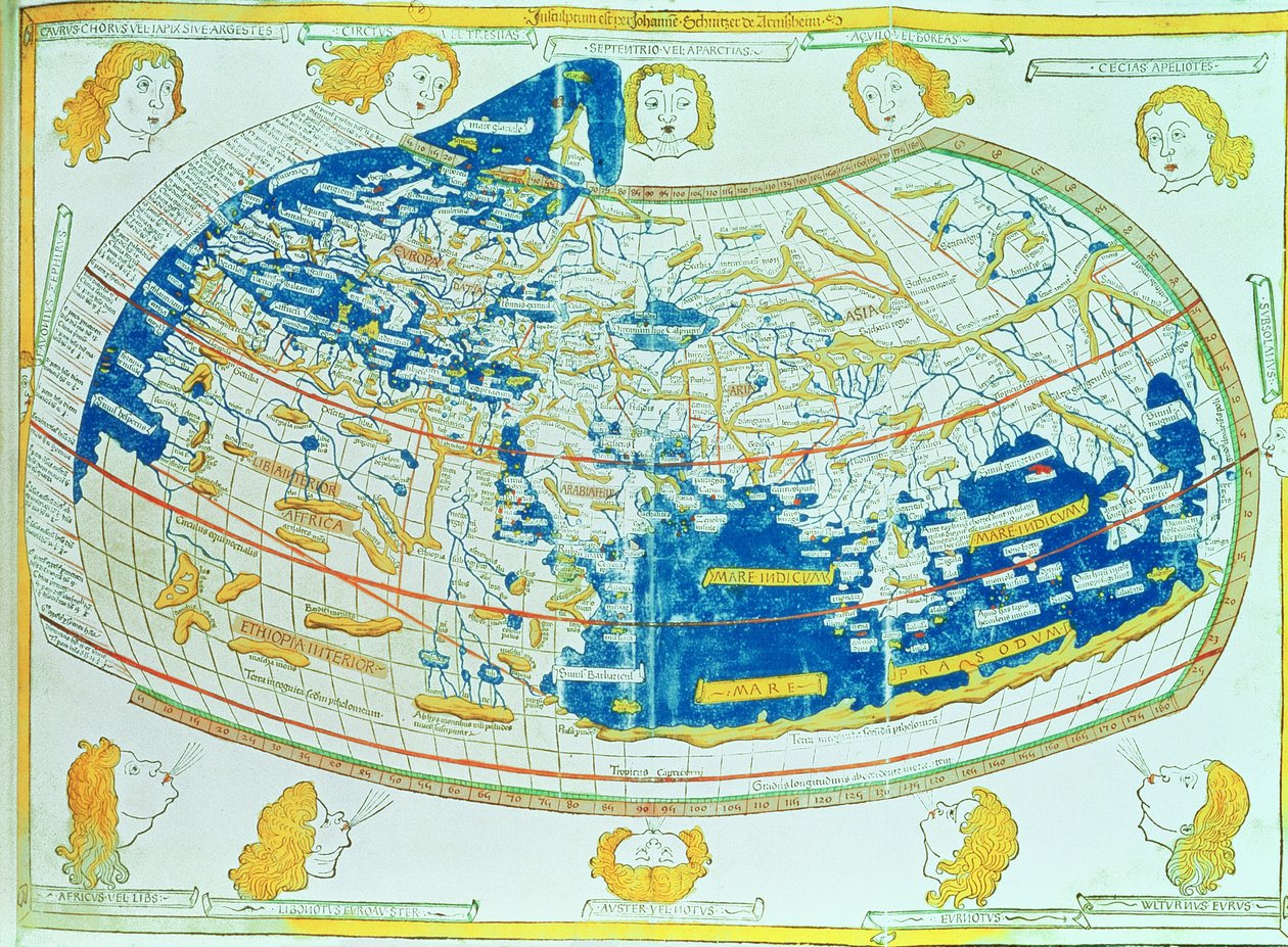 Mapa do mundo, baseado em descrições e coordenadas dadas em "Geographia", de Ptolomeu (Claudius Ptolemaeus de Alexandria) (c.90-168 dC), publicado em Ulm, Alemanha de German School
