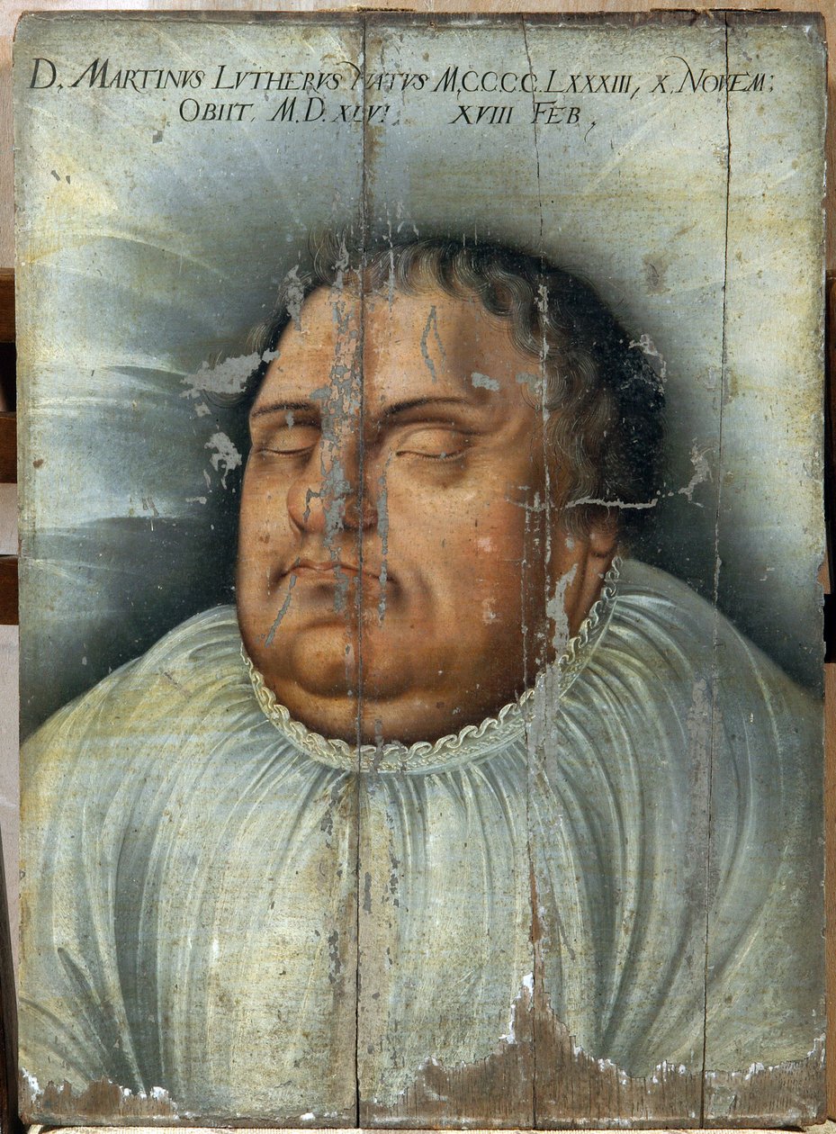 Martinho Lutero (1483-1546) em seu leito de morte (M. Lutero em seu leito de morte). Pintura anônima, óleo sobre madeira de German School
