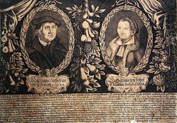 Martin Luther e sua esposa Katharina von Bora (gravura) de German School