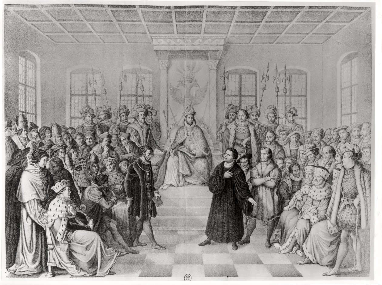 Martin Luther na frente de Charles V (1500-58) na Dieta de Worms, 16 de abril de 1521, de "História da Alemanha" de German School