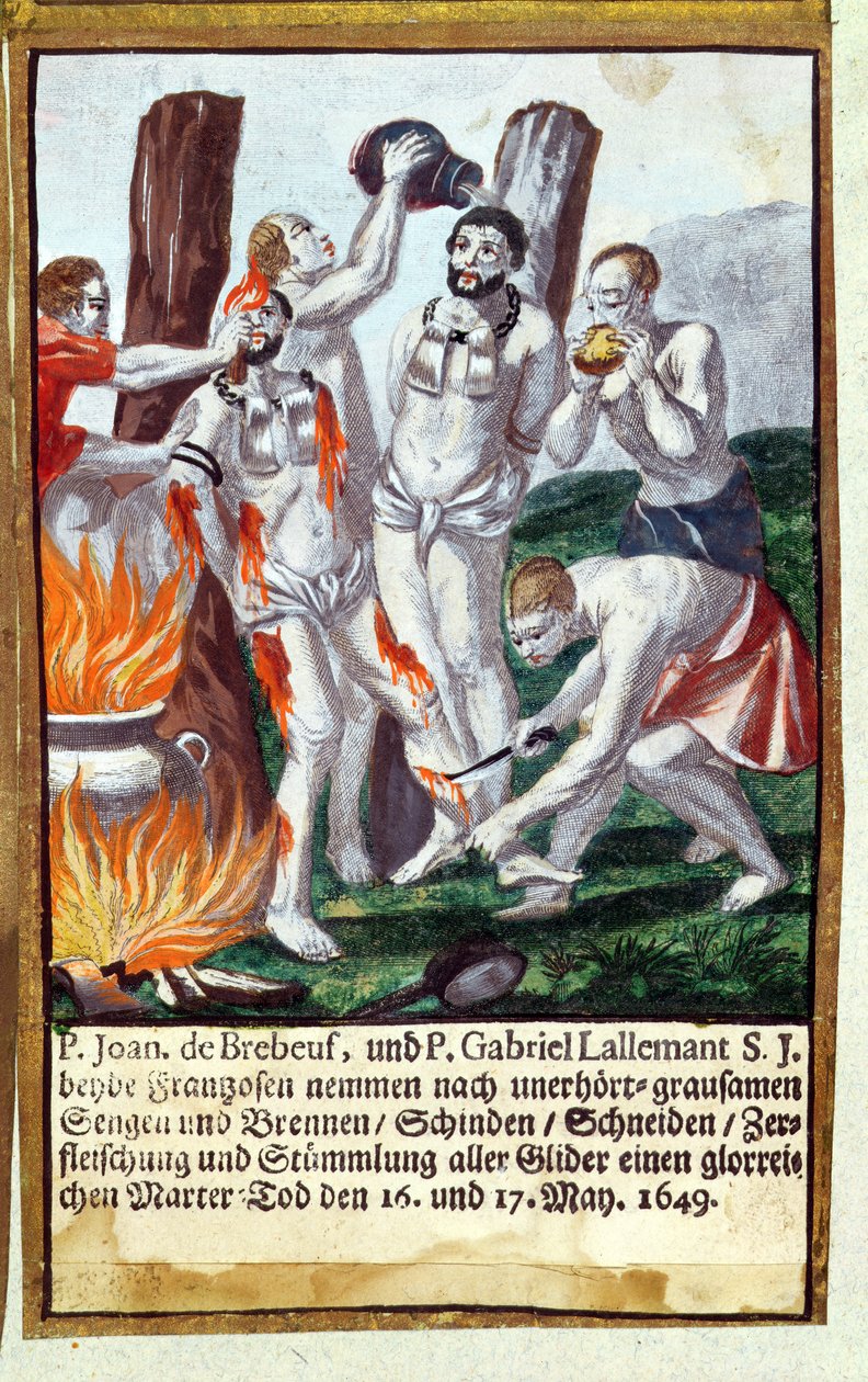 Martírio de Jean de Brebeuf e Gabriel Lalemant por Iroquois, em Nouvelle-France 1649, de jesuíta Martyrology, 1688 de German School