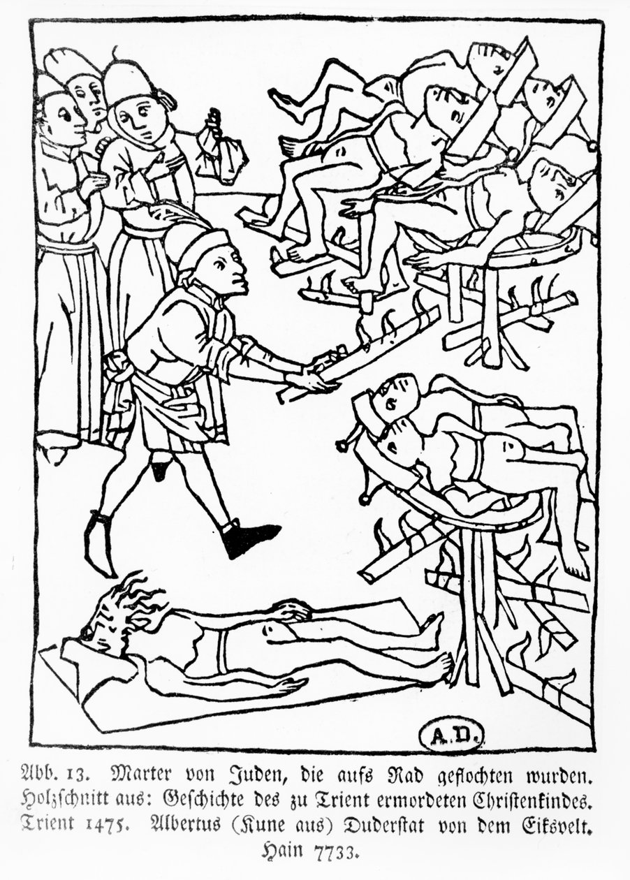 O martírio dos judeus na roda, da história da criança cristã assassinada em Trento, publicada em Trento por Albertus Kune, 1475 de German School