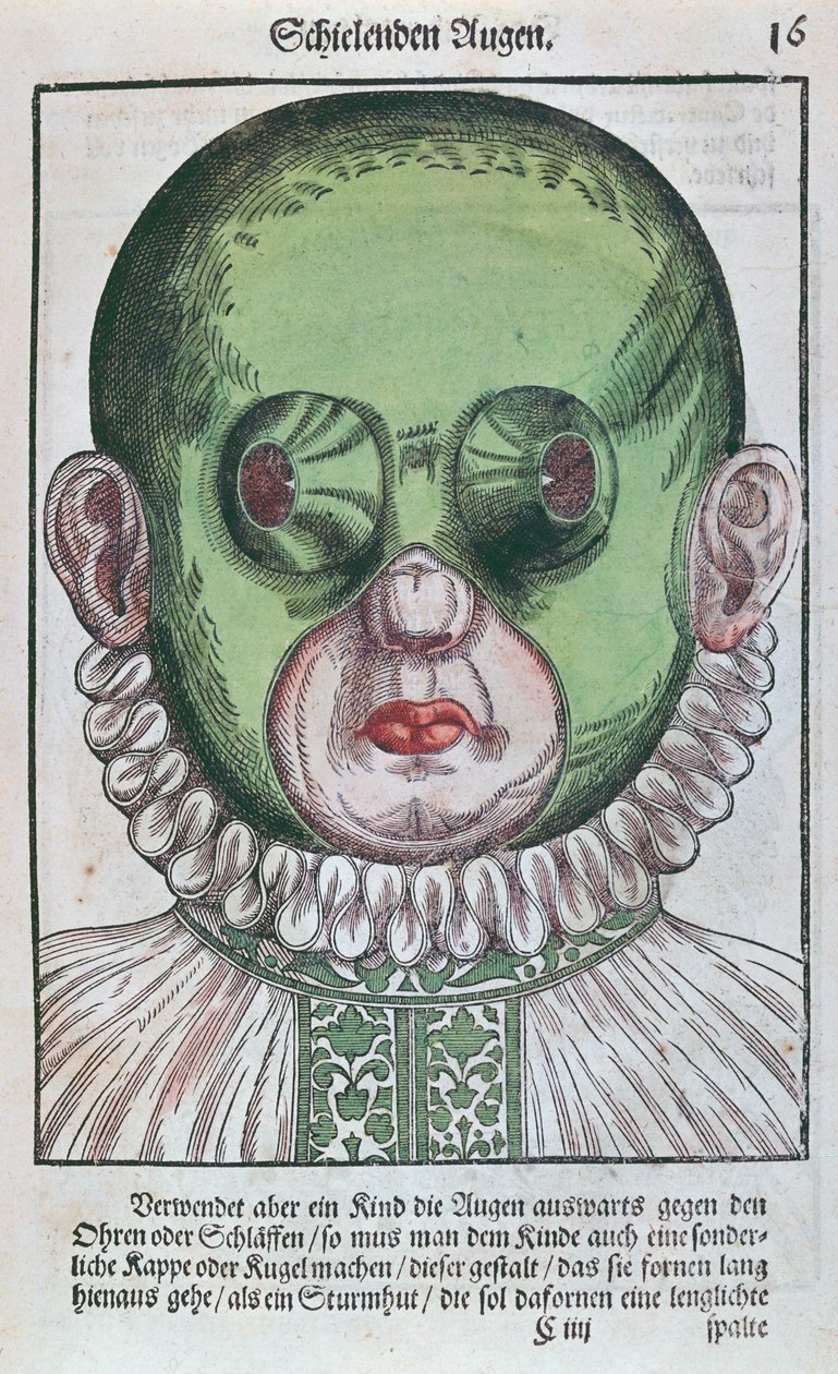Máscara para tratar um estrabismo, de Ophthalmodouleia por Georg Bartisch (1535-1636) publicado em Dresden em 1583 (impressão em xilogravura a cores) de German School