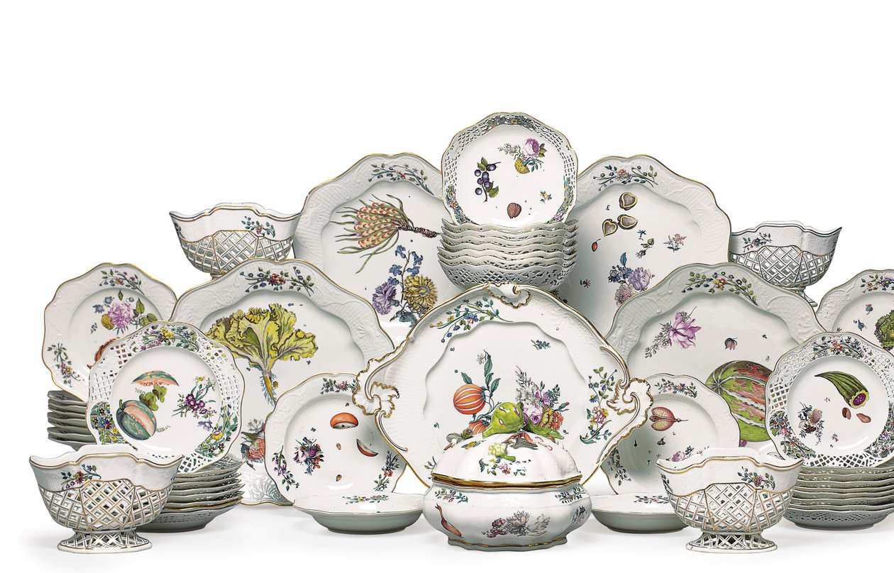Meissen &39;Bruehlsche Allerlei&39; parte botânica de jantar e serviço de sobremesa, c.1746 (porcelana) de German School