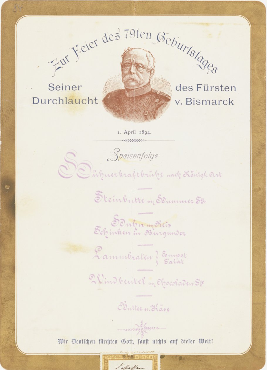 Menu na celebração do 79º aniversário do Príncipe Von Bismarcks em 1º de abril de 1894 de German School