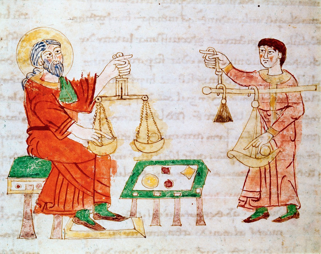 Comerciantes que usam balanças para pesar e barganhar. Miniatura retirada do manuscrito "De Universo" ou "De rerum naturis" (Da Natureza das Coisas) de Rabanus Maurus Magnentius (ou Raban Maur ou Rabano Mauro, ca. 780-856). Século IX. Arquivo do Monte C de German School