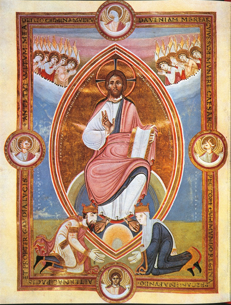 Cristo em miniatura representando uma auréola em forma de amêndoa com o Imperador Conrado II e a Imperatriz Gisela a seus pés (vellum) de German School