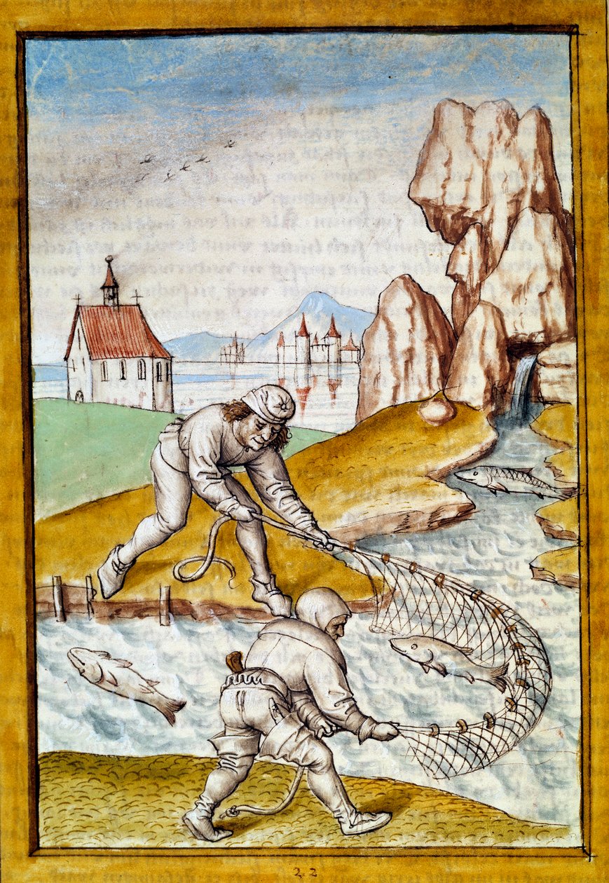 Pescaria em rede miniatura de uma tradução alemã das fábulas de "Kalila (Calila) e Dimna" de Bidpai. Chantilly do século XV, Musee Conde de German School