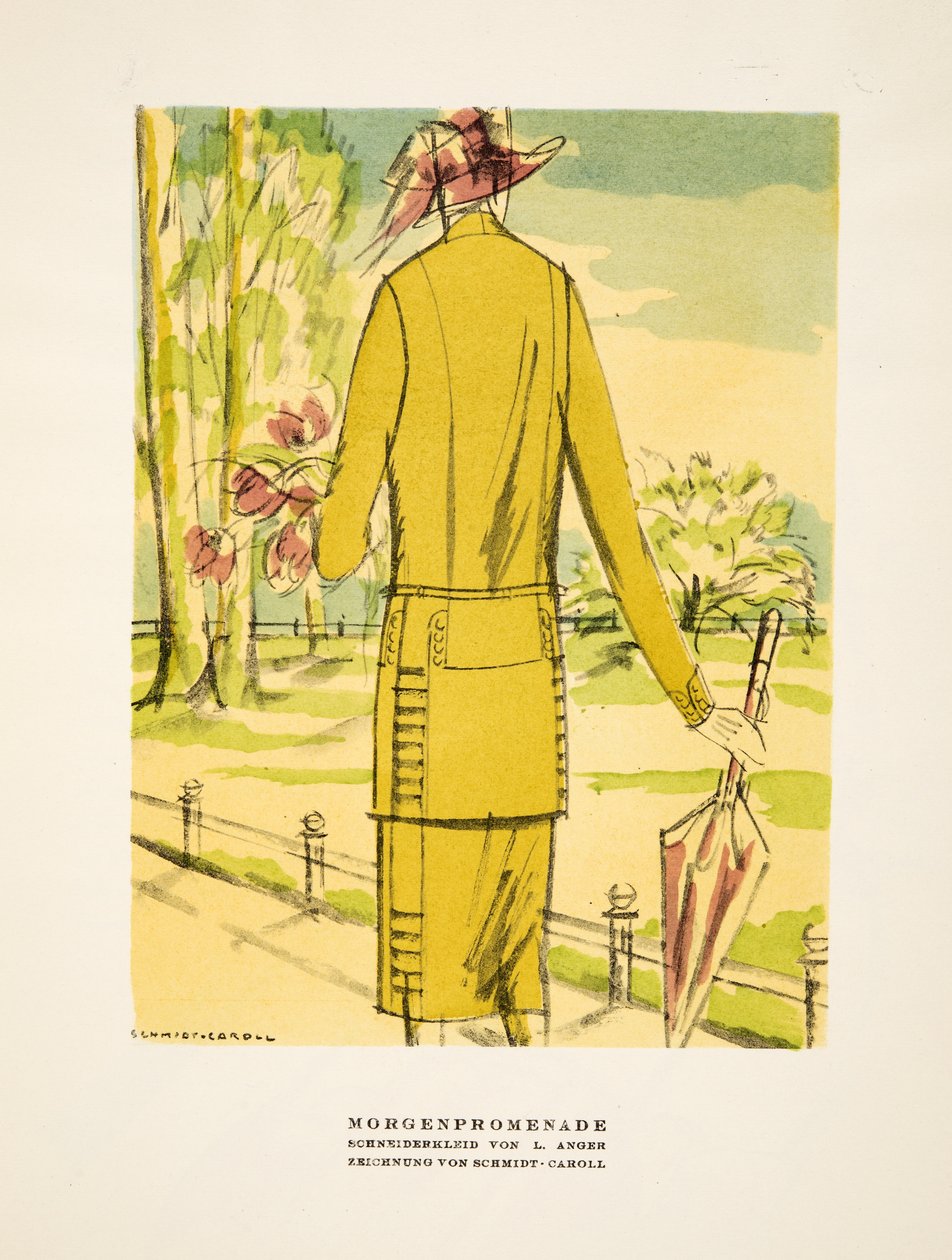 "Morgenpromenade", anúncio de roupa de L. Anger, de Styl, pub.1922 (gravura em pochoir) de German School