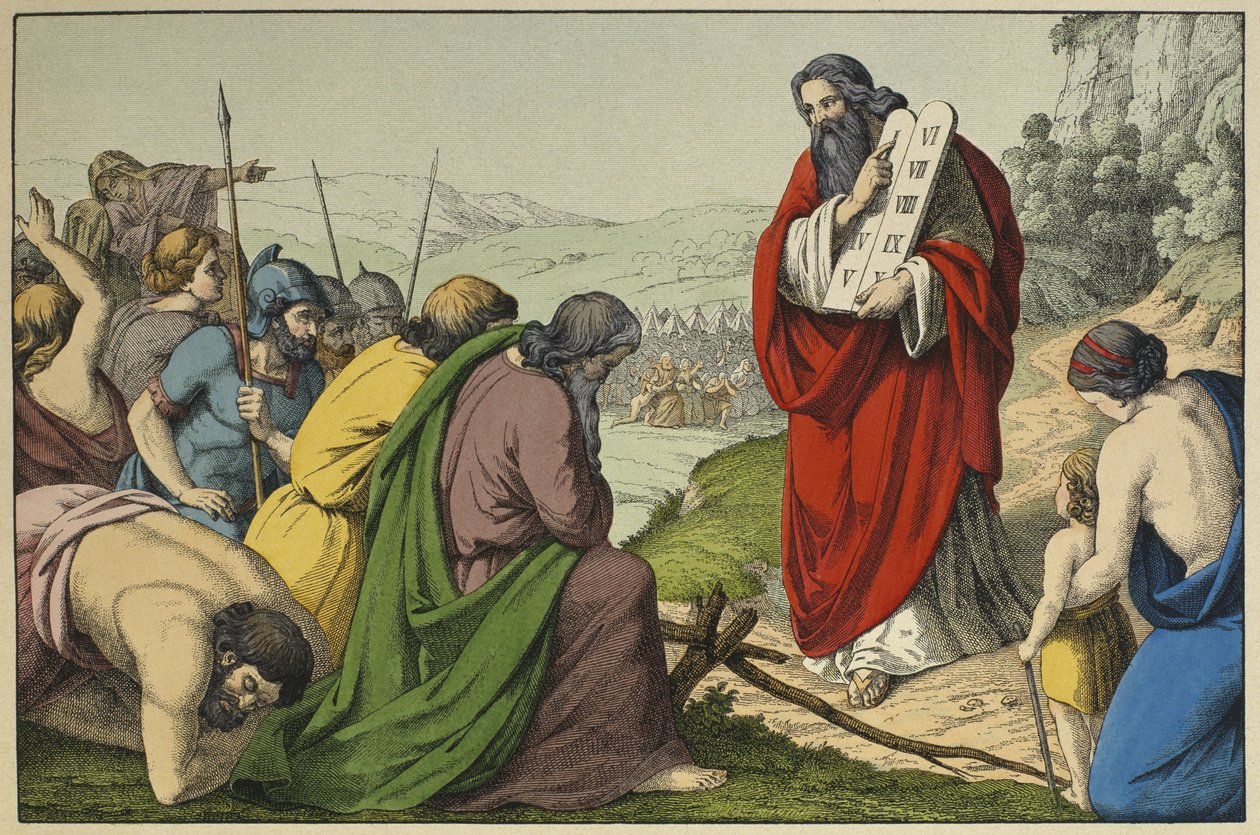 Moisés e as tábuas da Lei, ilustração de LAncien Testament, publicado por Jakob Ferdinand Schreiber, Esslingen (gravura a cores) de German School