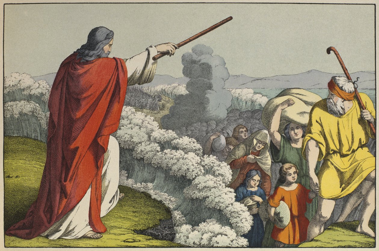 Moisés dividindo as águas do Mar Vermelho, ilustração de LAncien Testament, publicado por Jakob Ferdinand Schreiber, Esslingen (gravura a cores) de German School
