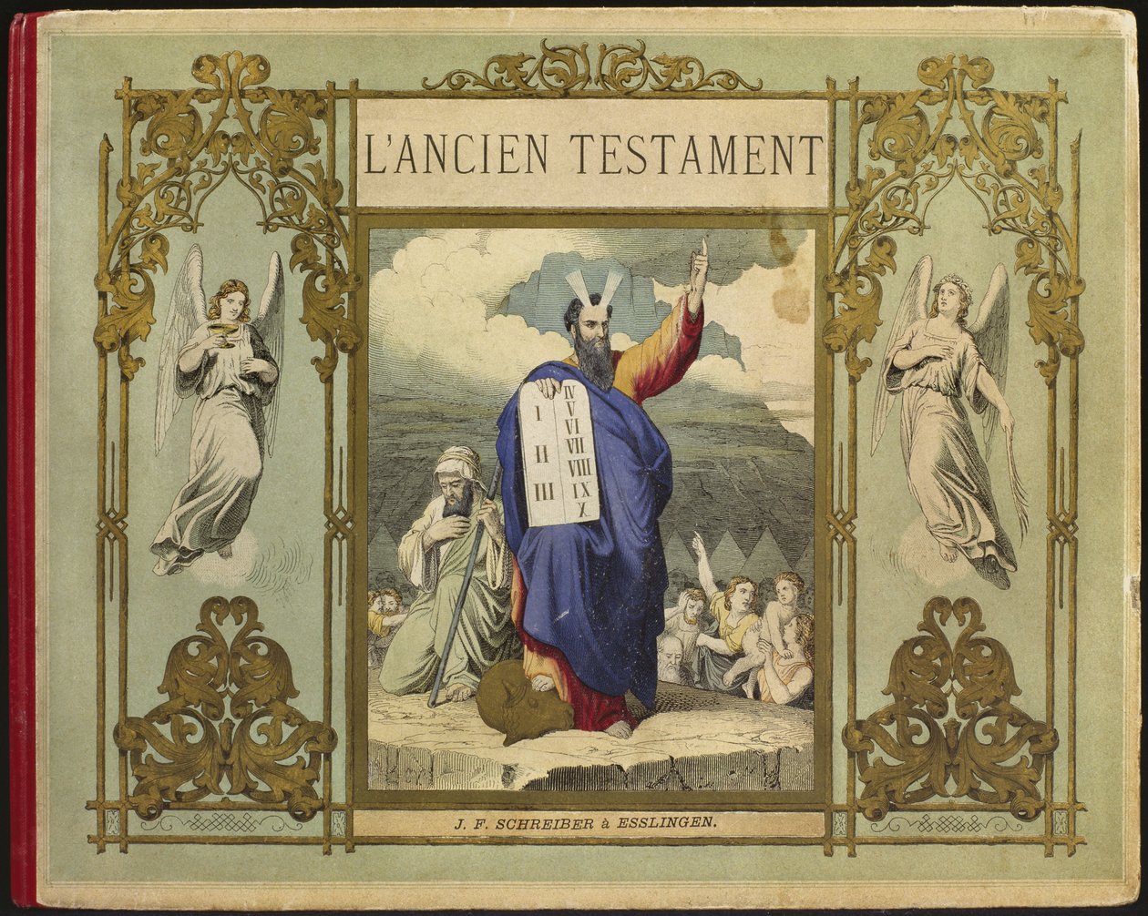 Moisés recebe as tábuas da Lei de Deus no Monte Sinai, ilustração do frontispício do LAncien Testament, publicado por Jakob Ferdinand Schreiber, Esslingen (gravura colorida) de German School