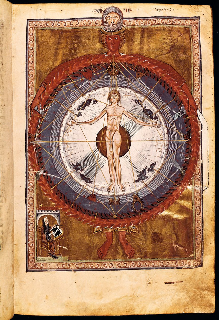 Sra. 1942 As Esferas Cósmicas e Ser Humano, visão de Hildegard de Bingen de "Liber Divinorum Operum", c.1220-30 de German School