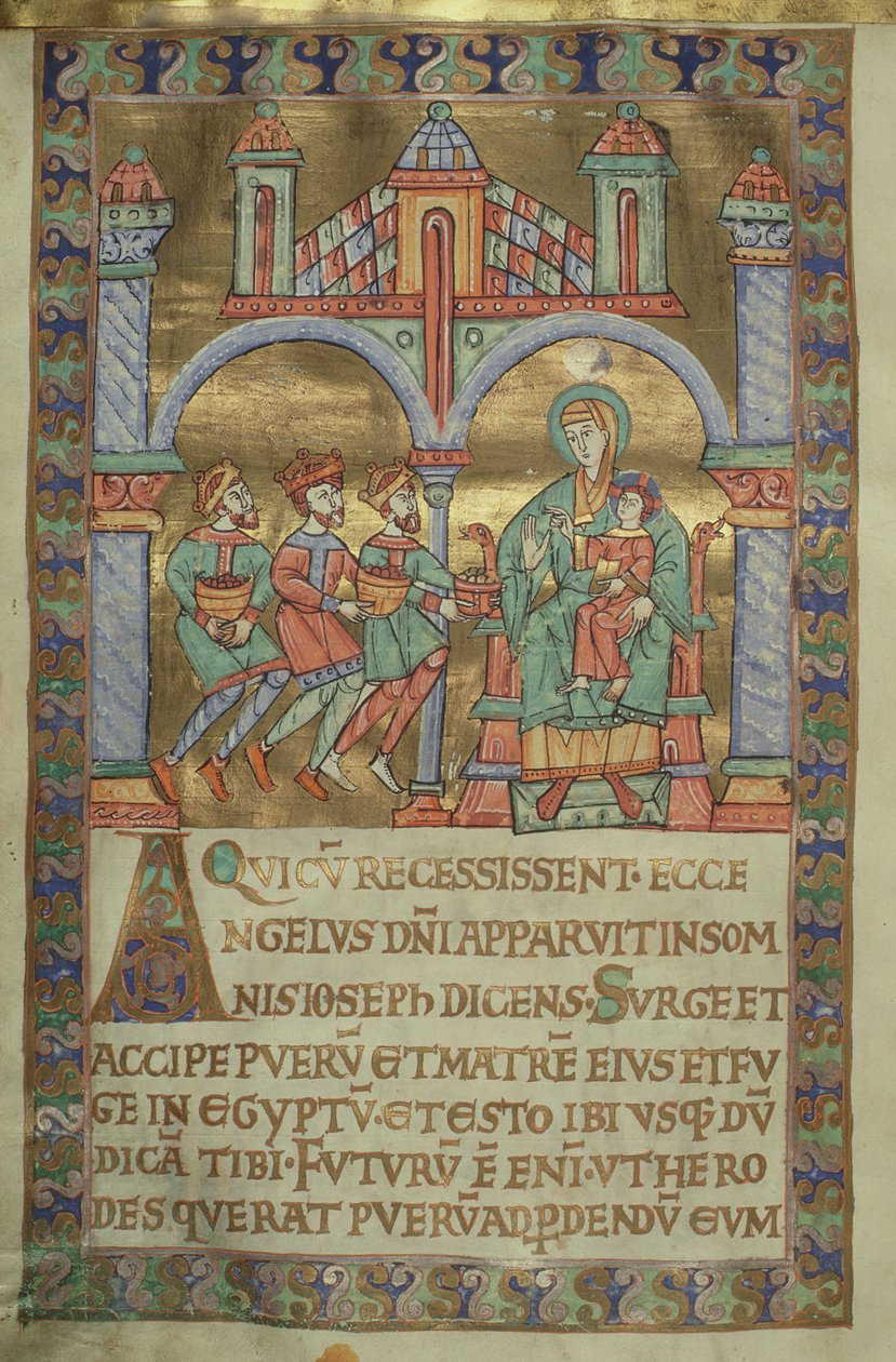 Ms. Czart. 1207, IV, fol.V v. Adoração dos Magos, de The Evangeliarium of Plock Cathedral, c.1075 de German School