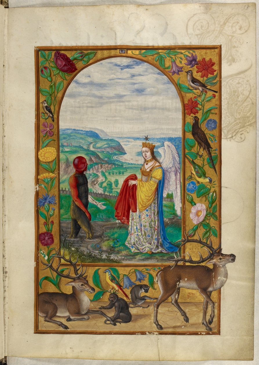 A Sra. Harley 3469, f.18 A Rainha oferece um manto ao homem na piscina, a Quarta Parábola, de 