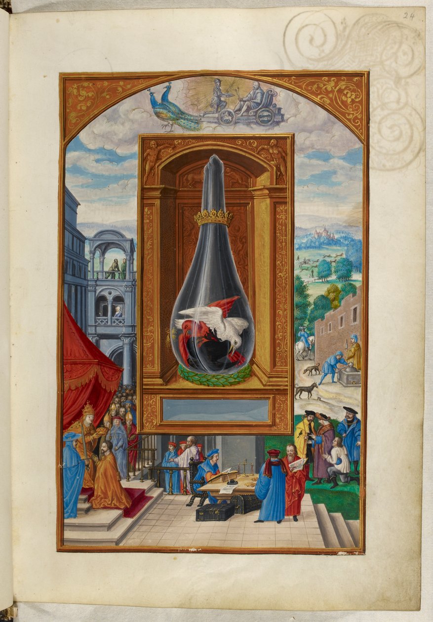 Sra. Harley 3469, f.24 Três aves lutando em frasco, o Quarto Tratado, de 