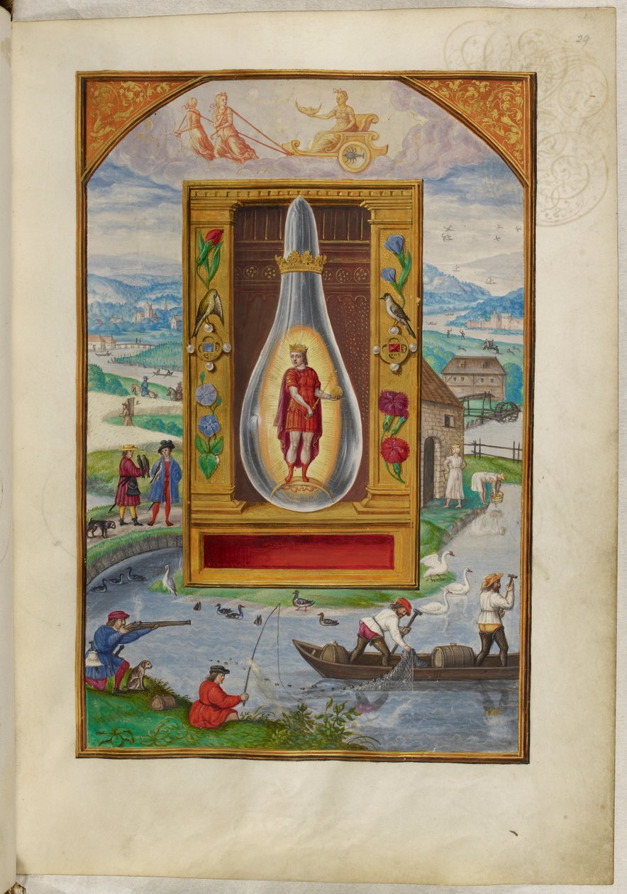 Ms Harley 3469, f.29 Jovem rei em um frasco, o Quarto Tratado, de 