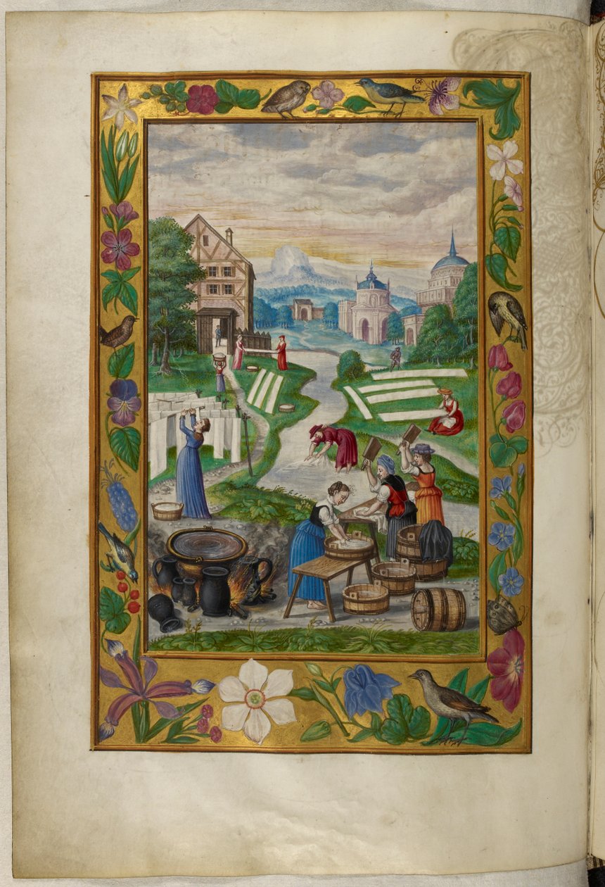 Ms Harley 3469, f.32v Mulheres envolvidas na lavanderia, o Quinto Tratado, de 