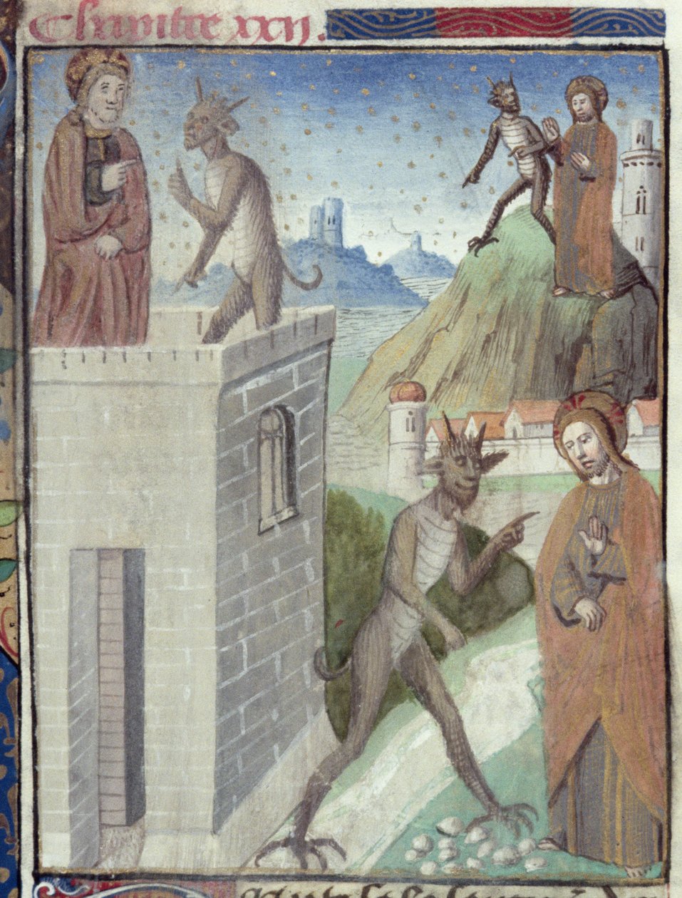 Sra. Hunter 36 f.110r As Três Cenas da Tentação, de Vita Christi, de Ludolf da Saxônia, c.1300-7778 de German School