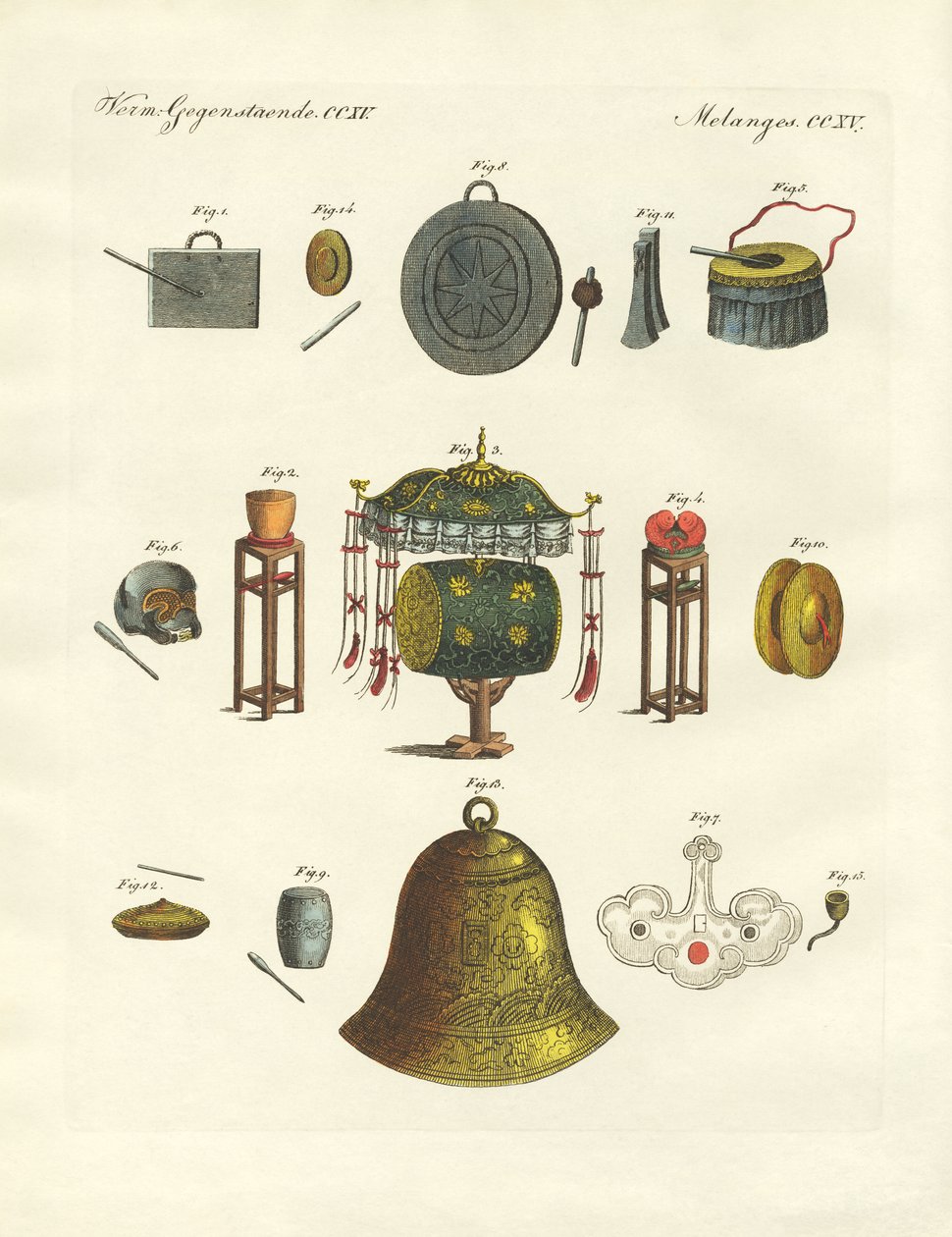 Instrumentos musicais dos chineses (gravura a cores) de German School