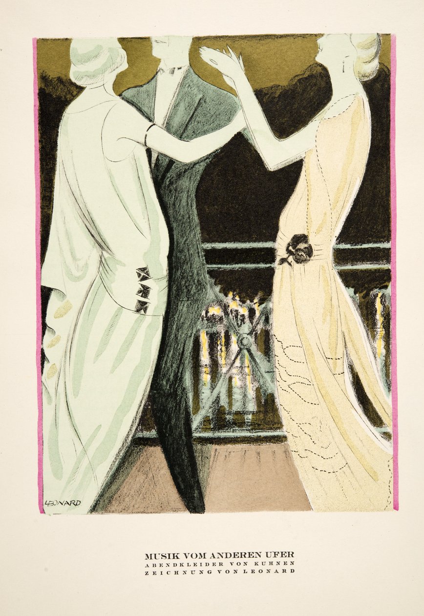 "Musik vom Anderen Ufer", anúncio de vestidos de noite de Kuhnen, de Styl, pub.1922 (impressão em pochoir) de German School