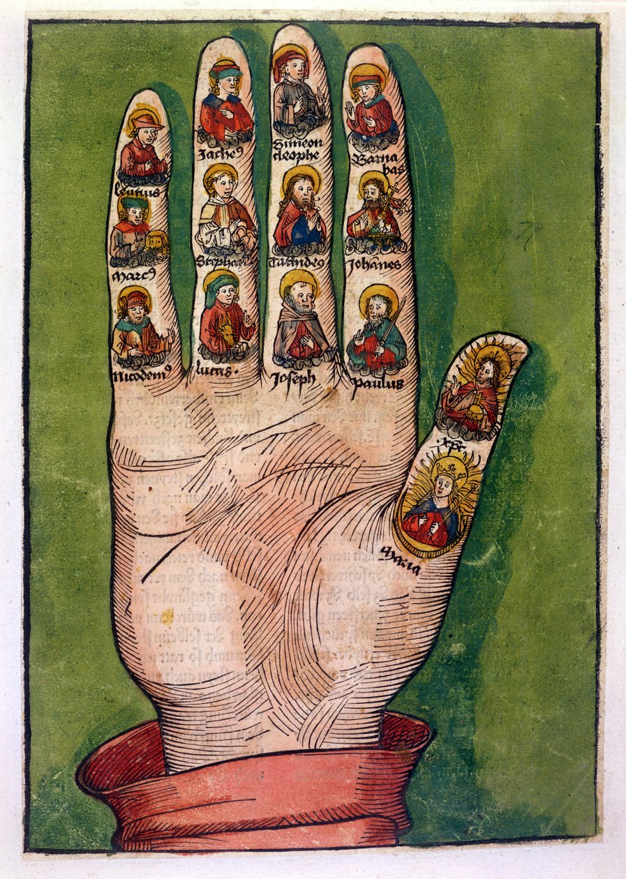 Mão mística de Bridget da Suécia, representando Cristo, a Virgem Maria, apóstolos e outros, 1491 (gravura colorida à mão) de German School