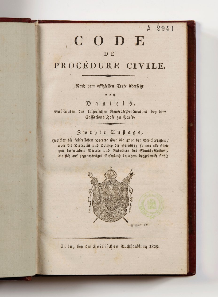 Código Napoleônico de processo civil para os departamentos franceses da margem esquerda do Reno, aberto na página de título, Koln, 1809 (impresso) de German School